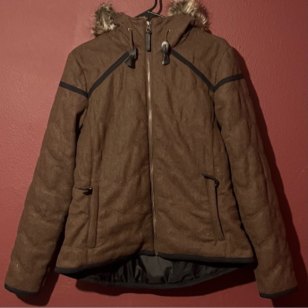 Prana Mens Medium Brown Wool Long Sleeve Full Zip Hooded Coat Jacket